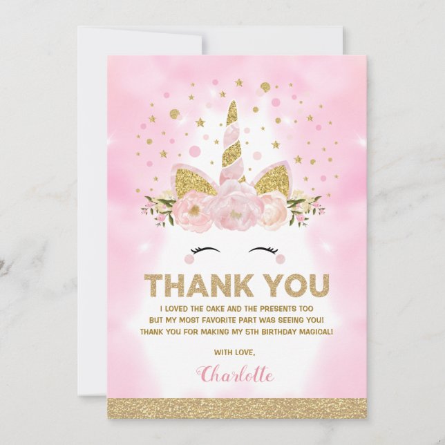Magical Unicorn Pink Galaxy Clouds Birthday Thank You Card (Front)