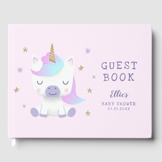 Magical Unicorn Pink Gold Baby Shower Guest Book (Front)