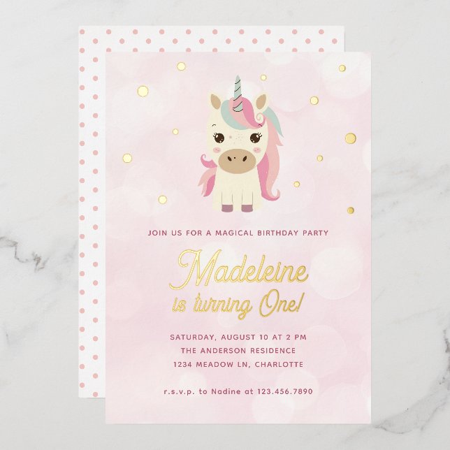 Magical Unicorn Pink Gold Dots 1st Birthday (Front/Back)