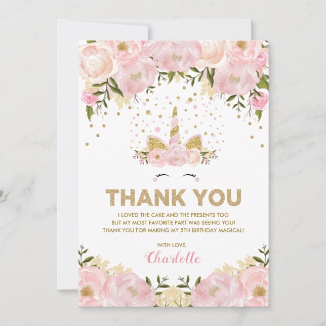 Magical Unicorn Pink Gold Floral Birthday Party Thank You Card (Front)