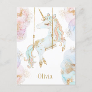 Magical Unicorn Pink & Gold Girls Name Postcard
