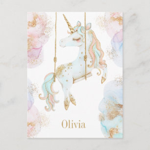 Magical Unicorn Pink & Gold Girls Name Postcard