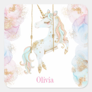 Magical Unicorn Pink & Gold Girls Name Square Sticker