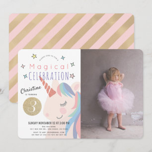 Magical Unicorn Pink x Gold Girl Photo Birthday Invitation