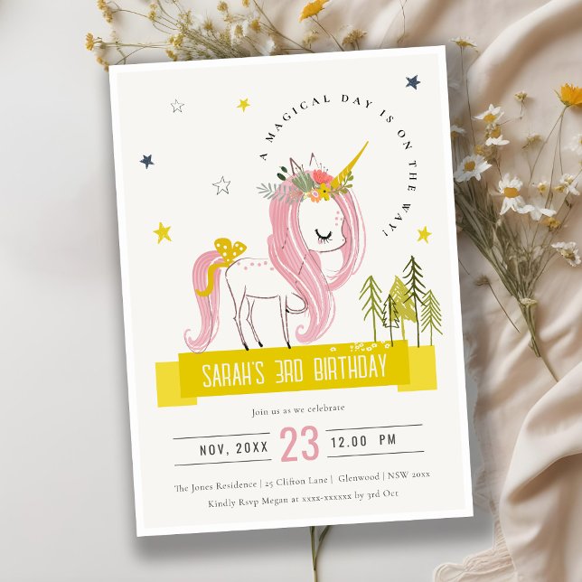 Magical Unicorn Pink Yellow Kids Birthday Photo Invitation (Creator Uploaded)