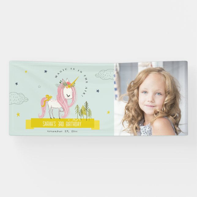 Magical Unicorn Pink Yellow Kids Photo Birthday Banner (Horizontal)