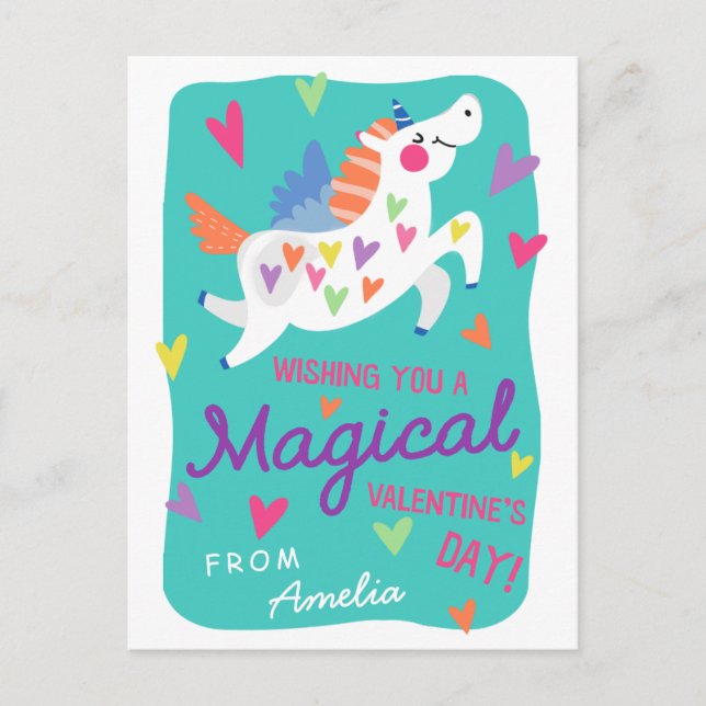 Magical Unicorn Postcard Size Classroom Valentine (Front)