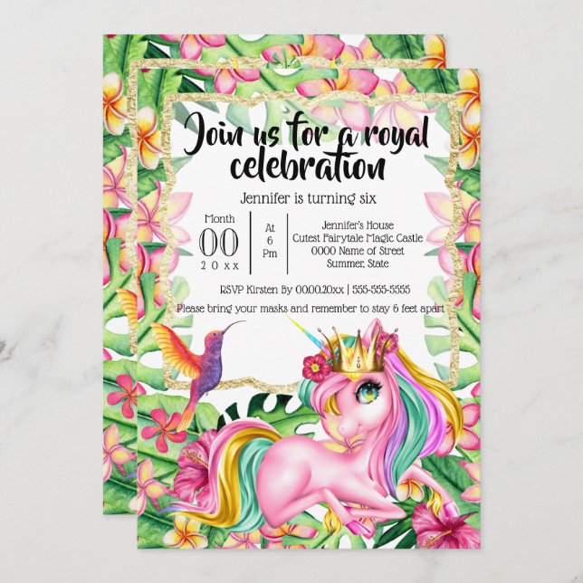 Magical unicorn princess tropical woodland island invitation (Front/Back)