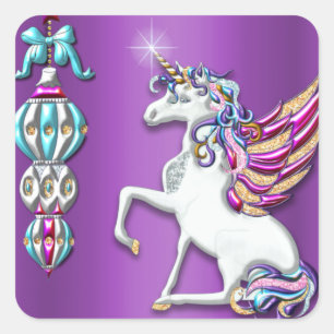 Magical Unicorn Purple Christmas Square Sticker