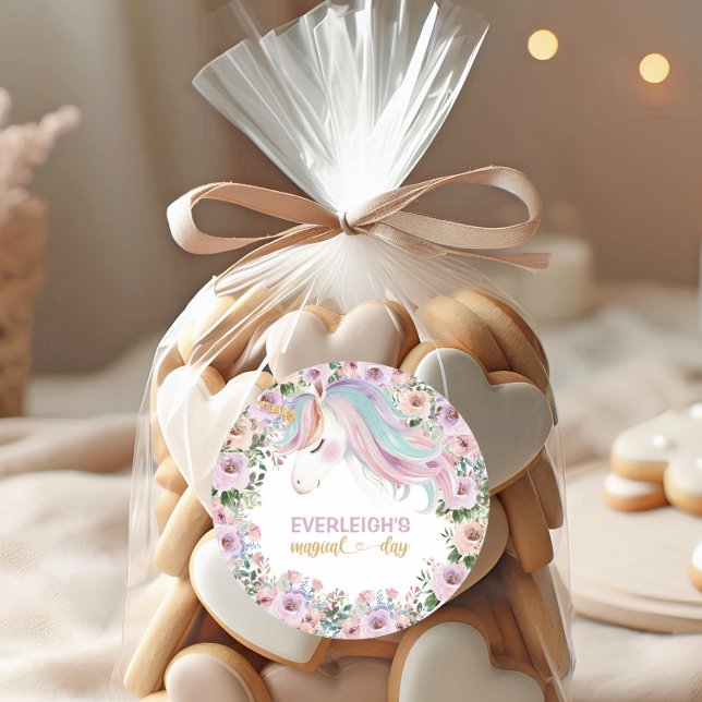 Magical Unicorn Purple Flower 1st birthday Classic Round Sticker (Creator Uploaded)