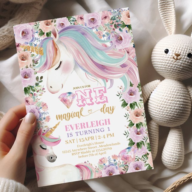 Magical Unicorn Purple Flower 1st birthday Invitation (Creator Uploaded)