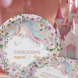 Magical Unicorn Purple Flower 1st birthday Paper Plate