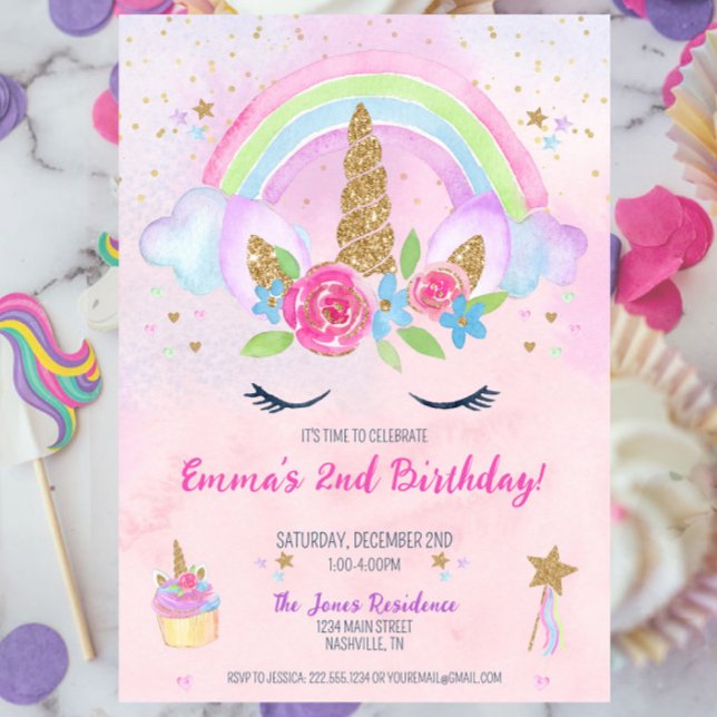Magical Unicorn Rainbow 2nd Birthday Invitation (Unicorn Rainbow 2nd Birthday Party Invitation, Pastel Unicorn Birthday Party for Girl, Girly)