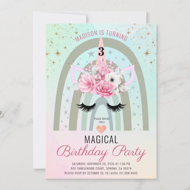 Magical Unicorn Rainbow 3rd Birthday Pink Teal Invitation (Front)
