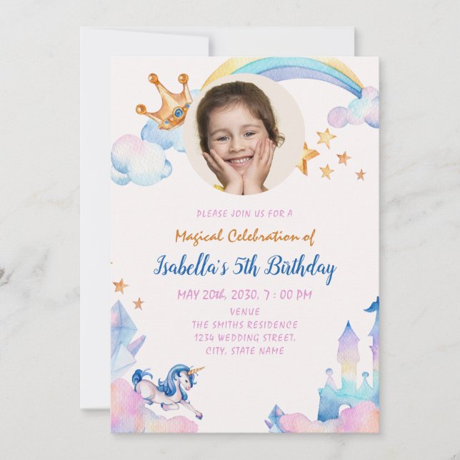 Magical Unicorn Rainbow 5th Birthday  Invitation (Front)