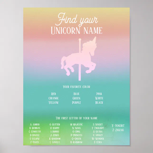 Magical Unicorn Rainbow Birthday Name Game Poster | Zazzle