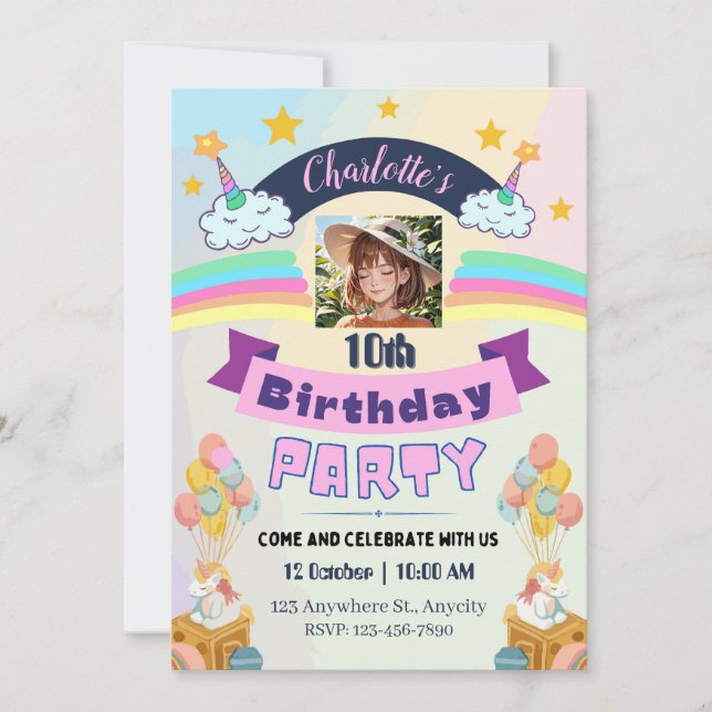 Magical Unicorn Rainbow Birthday Party Invitation (Front)