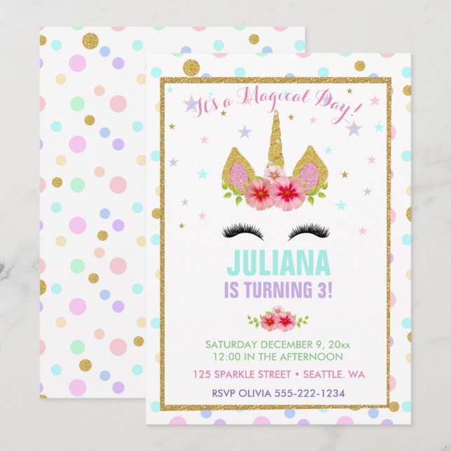 Magical Unicorn Rainbow Birthday Pink Gold Purple Invitation (Front/Back)