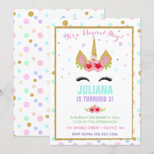 Magical Unicorn Rainbow Birthday Pink Gold Purple Invitation