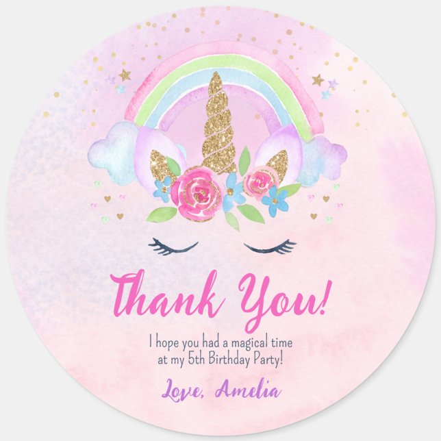 Magical Unicorn Rainbow Birthday Square Sticker (Pink Magical Unicorn Rainbow Circle Thank You Label Stickers)