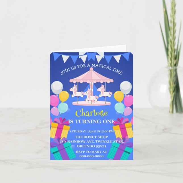 Magical Unicorn rainbow carousel pattern birthday  Invitation (Front)