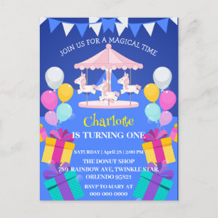 Magical Unicorn rainbow carousel pattern birthday Invitation Postcard