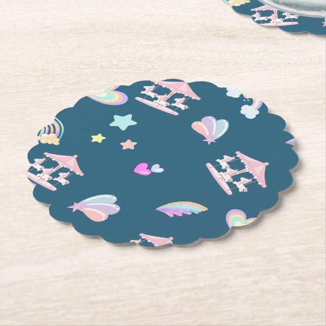 Magical Unicorn rainbow carousel pattern birthday  Paper Coaster (Angled)