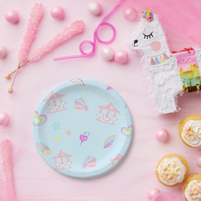 Magical Unicorn rainbow carousel pattern birthday  Paper Plate (Party)