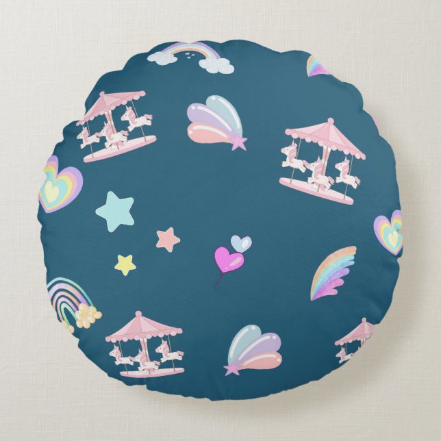 Magical Unicorn rainbow carousel pattern birthday  Round Cushion (Front)