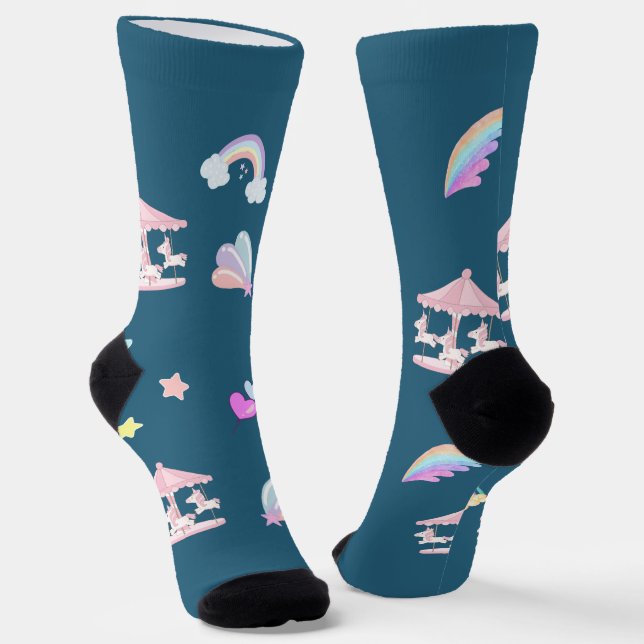 Magical Unicorn rainbow carousel pattern birthday  Socks (Angled)