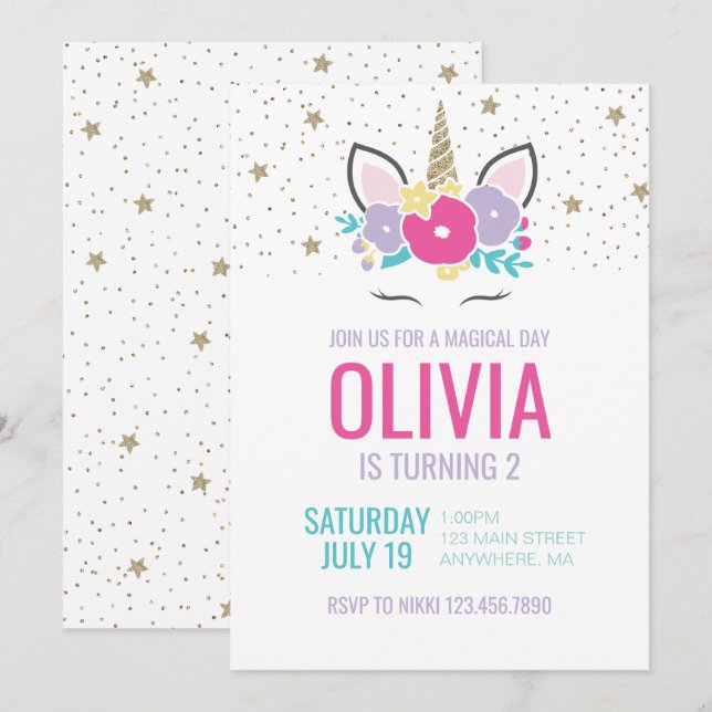 Magical Unicorn rainbow flowers Birthday Invite (Front/Back)