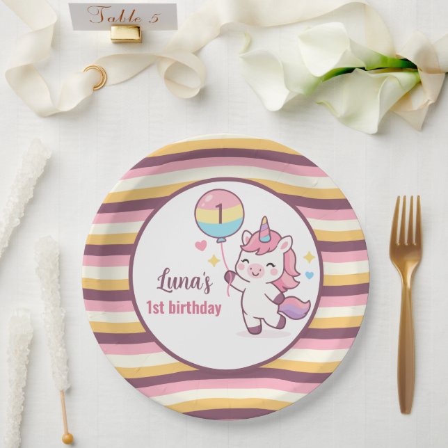 Magical Unicorn & Rainbow Girl 1st Birthday party  Paper Plate (Wedding)