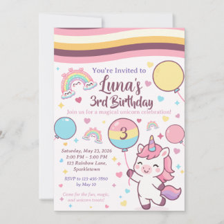 Magical Unicorn & Rainbow Girl Third Birthday  Invitation