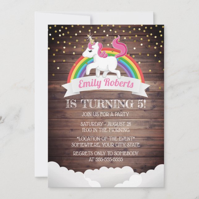 Magical Unicorn & Rainbow Gold Confetti Birthday Invitation (Front)