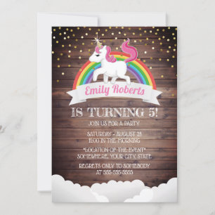 Magical Unicorn & Rainbow Gold Confetti Birthday Invitation