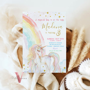 Magical Unicorn Rainbow Pastel Gold Birthday Invitation