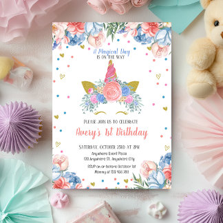 Magical Unicorn Rainbow Pink Floral Birthday Invitation