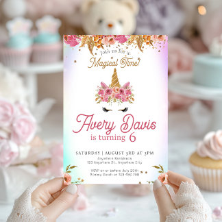 Magical Unicorn Rainbow Pink Floral Birthday Invitation