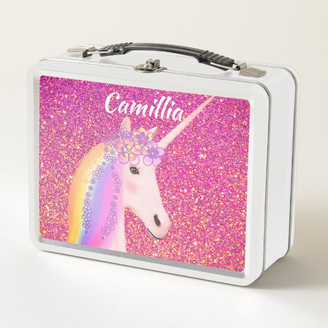 Magical Unicorn Rainbow Pink Glitter Sparkle Girls Metal Lunch Box (Front)