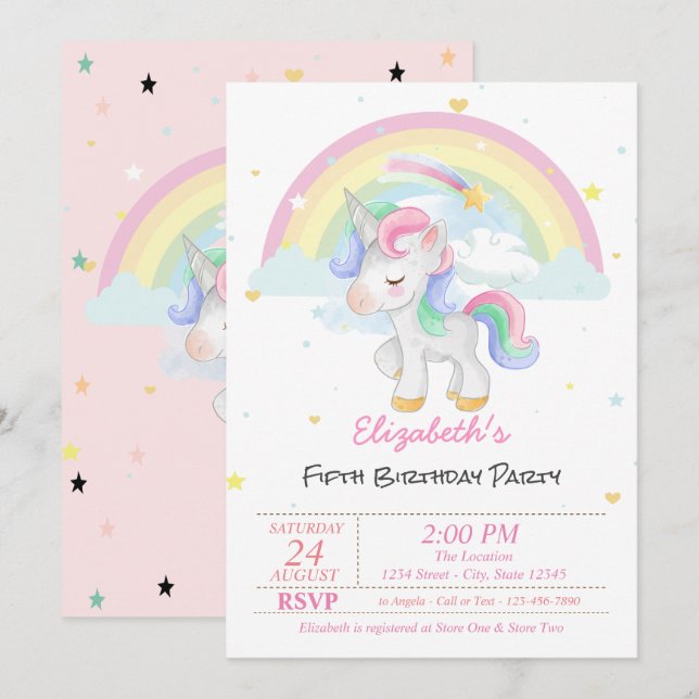 Magical Unicorn Rainbow Stars Birthday Invitation (Front/Back)