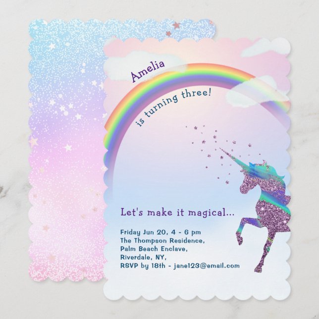 Magical Unicorn, Rainbow & Stars Glitter Birthday Invitation (Front/Back)