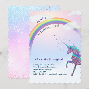 Magical Unicorn, Rainbow & Stars Glitter Birthday Invitation