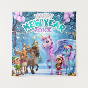 Magical Unicorn & Reindeer Kids New Year Bckdrop Tapestry