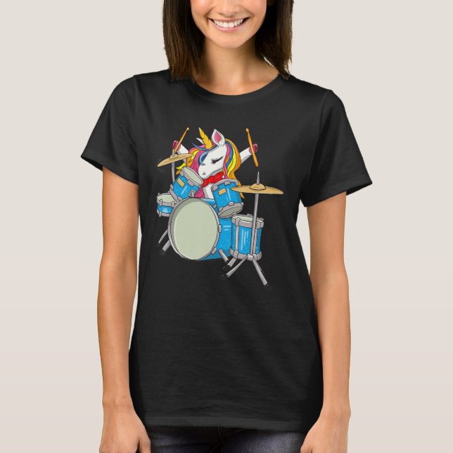 Magical Unicorn Rocking Out As A Drummer Funny T-Shirt (Front)