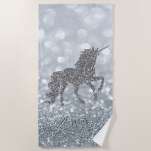 Magical Unicorn,Silver Glitter Bokeh-Personalised Beach Towel
