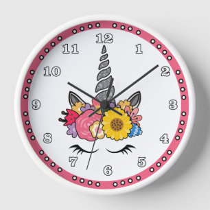 Magical Unicorn Silver Glitter Horn and Flowers  Clock