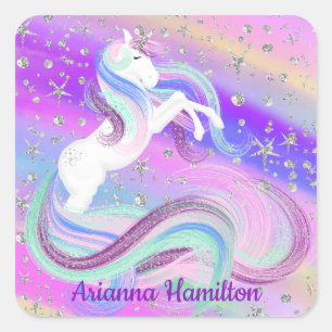 Magical Unicorn Sparkly Silver Stars Square Sticker