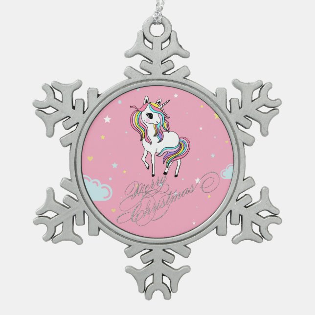 Magical Unicorn, Stars, Merry Christmas Snowflake Pewter Christmas Ornament (Front)