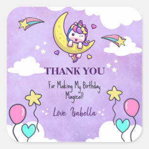 Magical Unicorn Thank You Birthday Party Second Square Sticker