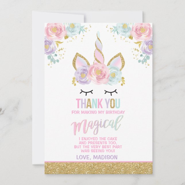 Magical Unicorn Thank You Card Unicorn Party (Front)